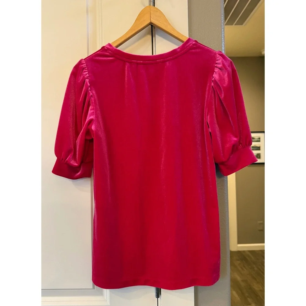 Gorgeous Pink Boden Soft Velvet Short Puffed Sleeve Blouse Size 4 Colorful - Picture 6 of 7
